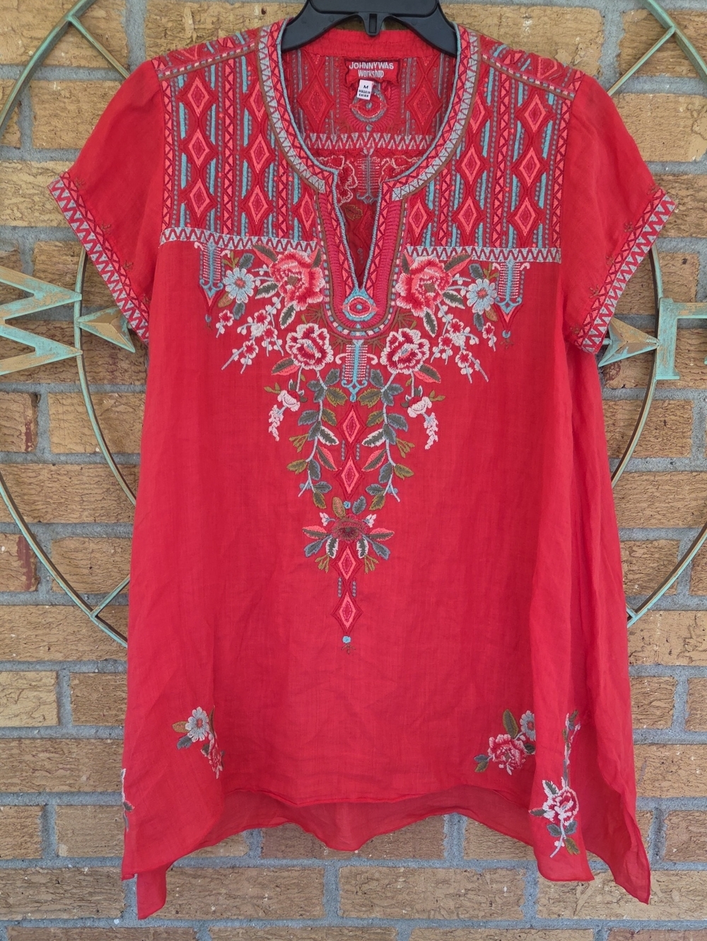 Johnny Was Cyrielle Red Embroidered Tunic Top M